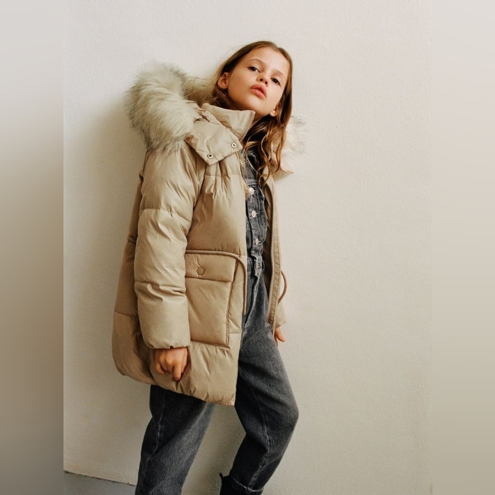 Zara Girls Down Feather Puffer Coat Beige Faux Fur Hood Winter Size 8
